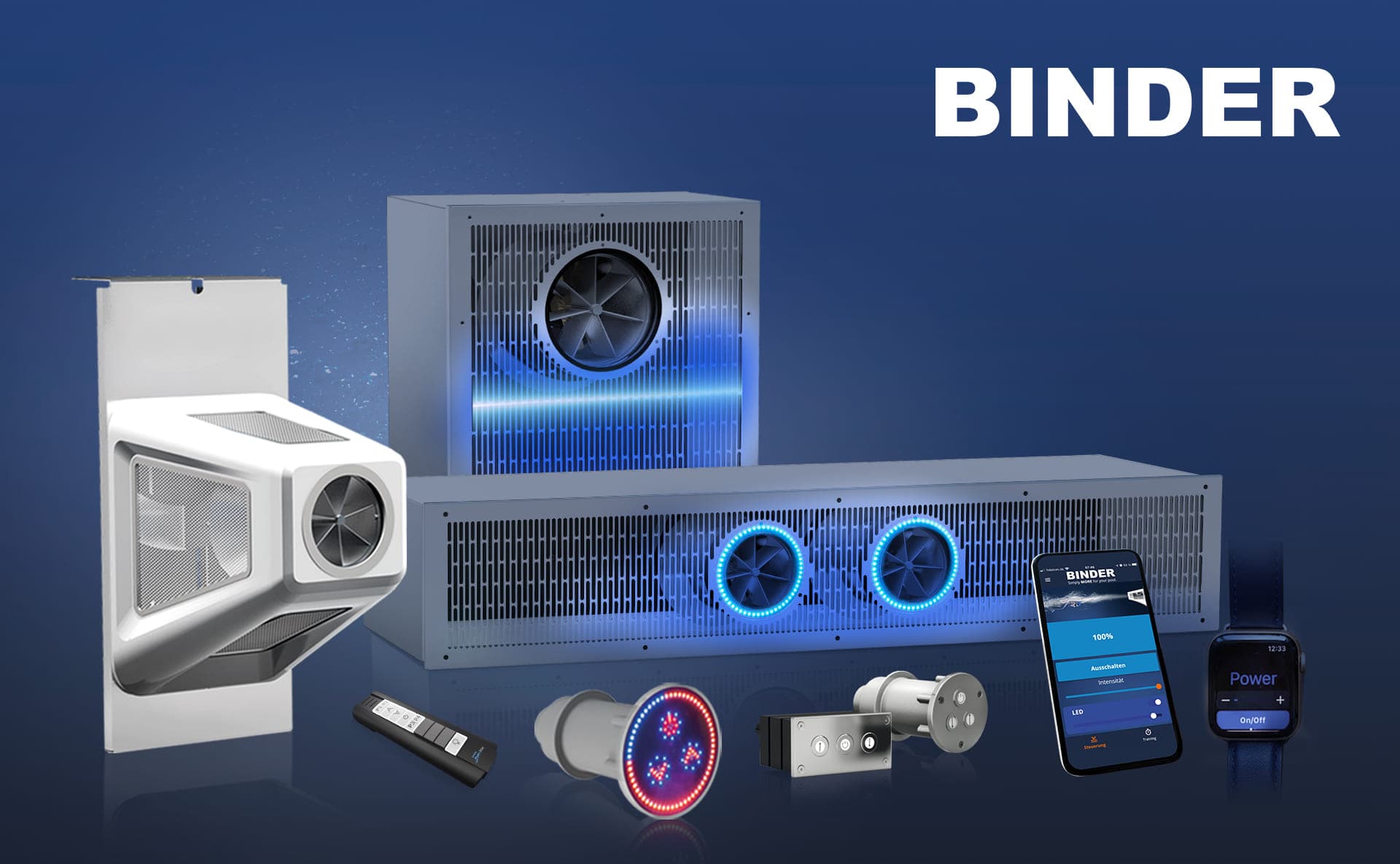 Binder counter-current system control options on a dark blue background — BINDER24 smartphone app, wireless remote, piezo control panels and LED-illuminated turbine outlet